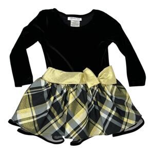 Bonnie Jean Girls 2T Holiday Dress Black Velvet Gold Plaid Bow Party Dress